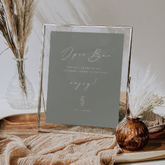 Minimal Funny Sage Green Wedding Open Bar Sign Poster
