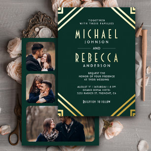Minimal Geometrische Art Deco Wedding Emerald Gold Folieneinladung
