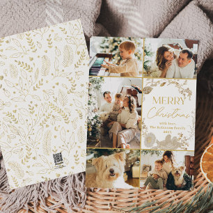 Minimal Gold Floral Wreath Foto Weihnachtskarte Feiertagskarte