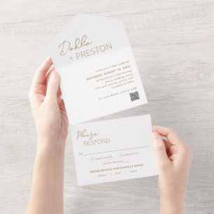Minimal Gold QR Code Moderne Hochzeit All In One Einladung