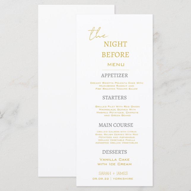 Minimal Gold und Weiß die Nacht vor der Hochzeit Menükarte (Vorne/Hinten)