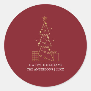 Minimal Gold Weihnachtsbaum Modern Red Runder Aufkleber