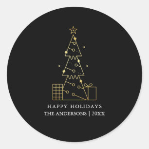 Minimal Gold Weihnachtsbaum Moderner Schwarz Runder Aufkleber