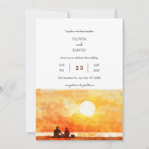 Minimal Golden Sunset Picnic Beach Hochzeit einlad Einladung