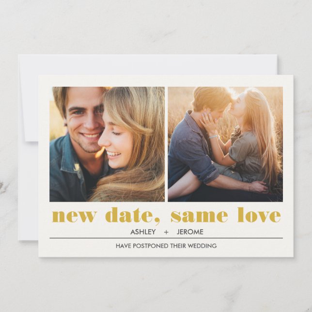 Minimal grafisch | 2 Fotos Hochzeitsaufschub Karte (Vorderseite)