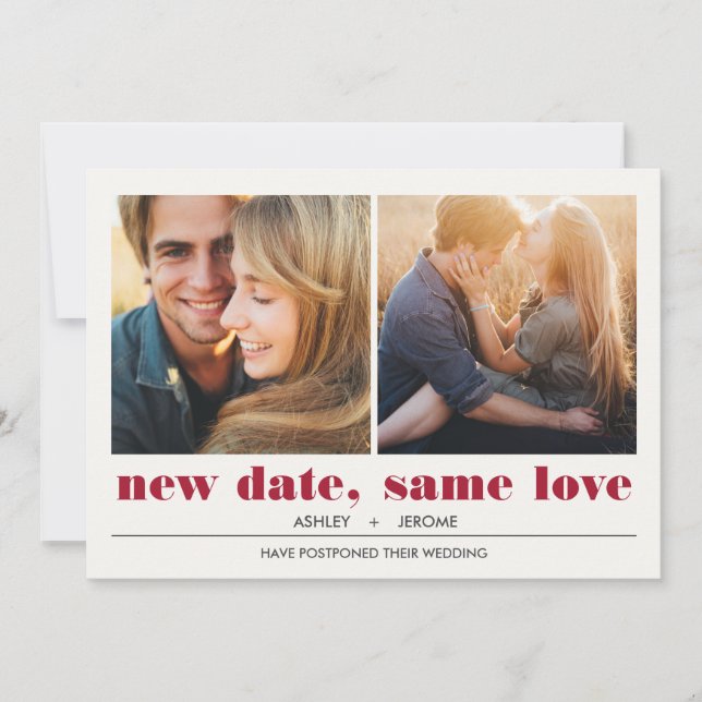 Minimal grafisch | 2 Fotos Hochzeitsaufschub Karte (Vorderseite)