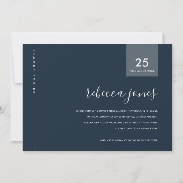 MINIMAL GRAU BLAU NAVY TYPOGRAPHY BRAUTPARTY EINLADUNG (Vorderseite)