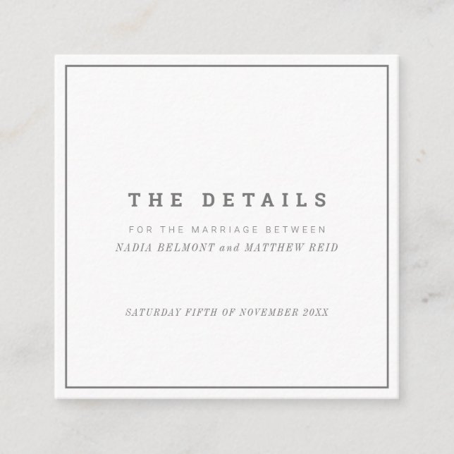 Minimal grau-weiße Hochzeitsdetails Begleitkarte (Vorderseite)