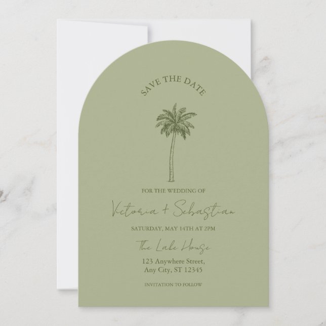 Minimal Green Palm Tree Beach Save The Date Einladung (Vorderseite)