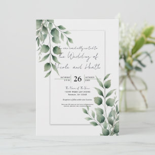 Minimal Greenery Blätter Moderne Weiße Hochzeit Einladung