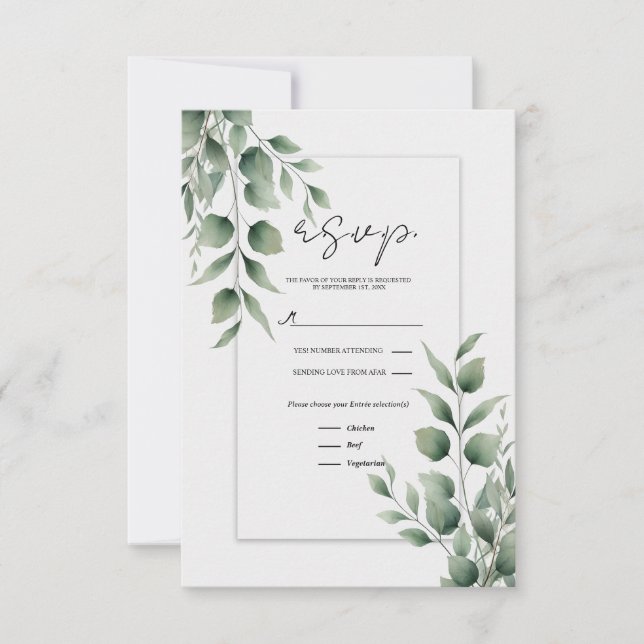 Minimal Greenery Blätter Moderne White Wedding RSV RSVP Karte (Vorderseite)