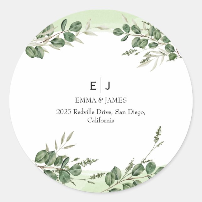 Minimal Greenery Monogram Round Aufkleber (Vorderseite)