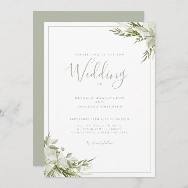 Minimal Greenery Sage Green Leaf Hochzeit Einladung (Vorne/Hinten)