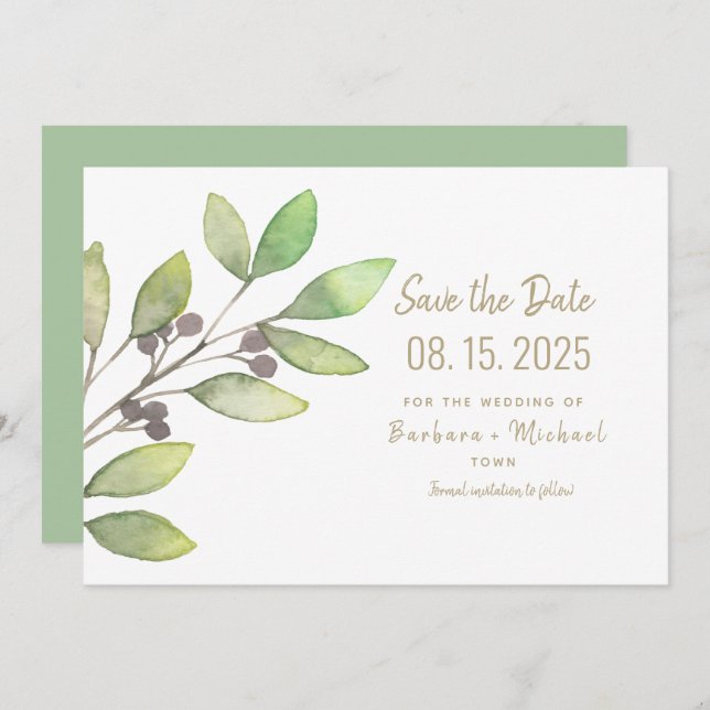 Minimal Greenery Simple Calligraphy Wedding Save The Date (Vorne/Hinten)