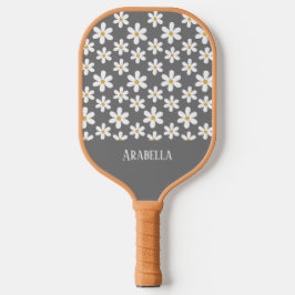 Minimal Grey and White Daisies Personalisiert Boho Pickleball Schläger