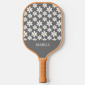 Minimal Grey and White Daisies Personalisiert Boho Pickleball Schläger