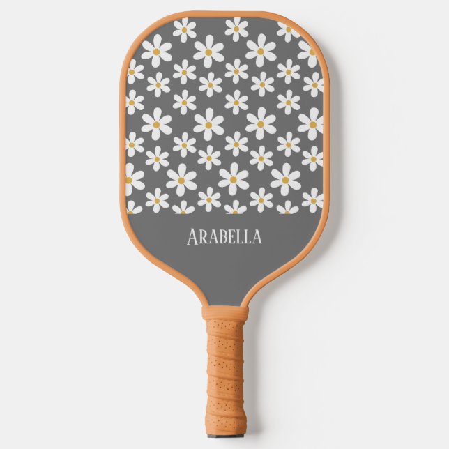 Minimal Grey and White Daisies Personalisiert Boho Pickleball Schläger (Vorderseite)