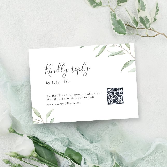 Minimal grün botanische rustikale Hochzeit QR Code RSVP Karte (Minimal greenery botanical rustic wedding QR code RSVP Card)