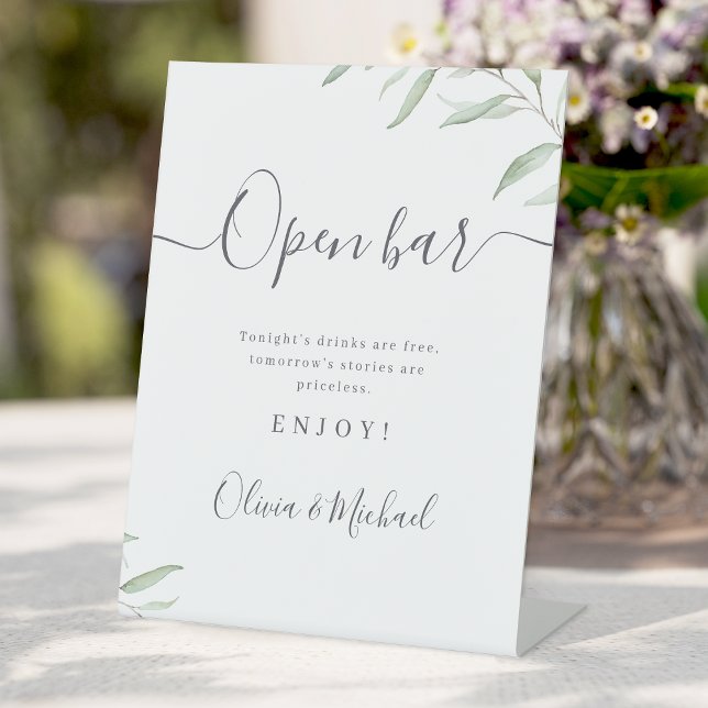 Minimal Grün Drehbuch rustikale Hochzeit Open Bar Sockelschild (Minimal greenery script rustic Wedding Open Bar Pedestal Sign)