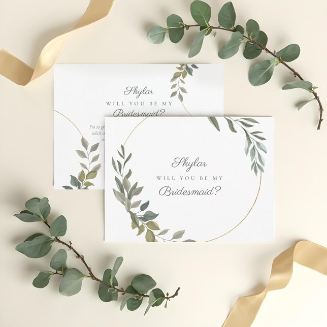 Minimal Grün & Gold werden Sie meine Bridesmaid se Einladungspostkarte (Minimal Greenery & Gold Will You Be My Bridesmaid Invitation Postcard)