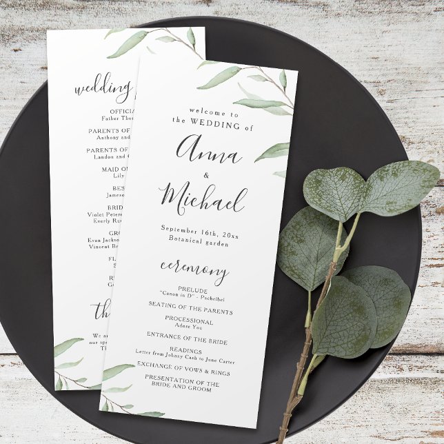 Minimal Grün rustikales Hochzeitsprogramm Menükarte (Minimal greenery rustic wedding program)