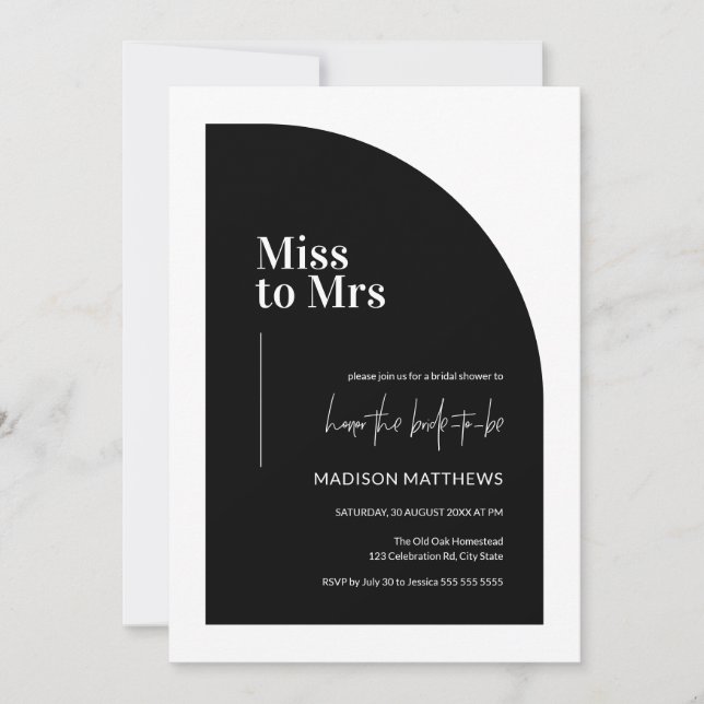 Minimal Half Arch Miss zu Mrs. Black & White Brida Einladung (Vorderseite)