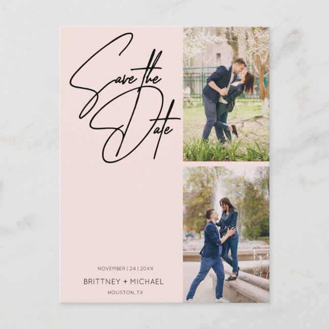 Minimal handgeschriebene FotoCollage Blush Pink Postkarte (Vorderseite)