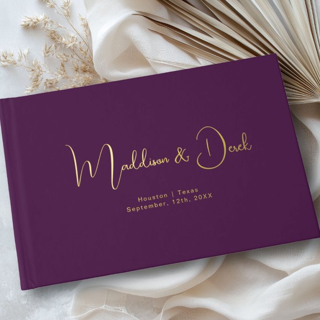 Minimal, Handschrift, Gold-Foil, Violet Gästebuch (Personalized, Minimal, Handwriting Script, Gold-Foil, Foil Guest Book.)