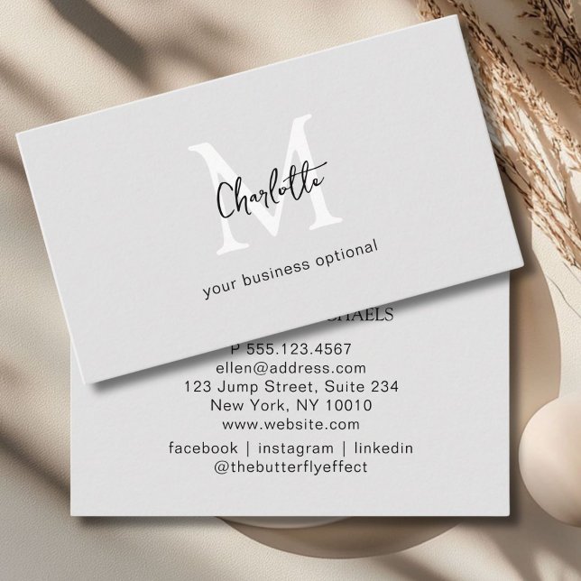 Minimal, Handschrift, Graue Visitenkarte (Minimal, Monogram, Handwriting, Beige Business Card)