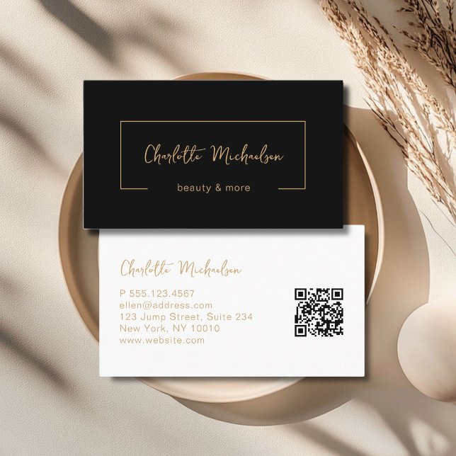 Minimal Handwriting Black QR Code Visitenkarte (Minimal Handwriting Black QR Code Business Card)