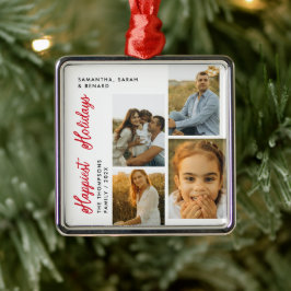 Minimal Happiest Holidays Script Family 4 Photos Ornament Aus Metall