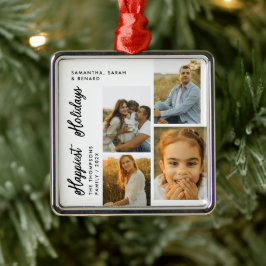 Minimal Happiest Holidays Script Family 4 Photos Ornament Aus Metall