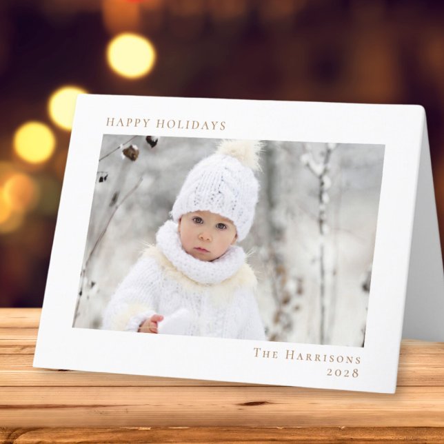 Minimal Happy Holidays Foto White Gold Weihnachten (Share the love and warmth of the season with your personalized photo Christmas card)