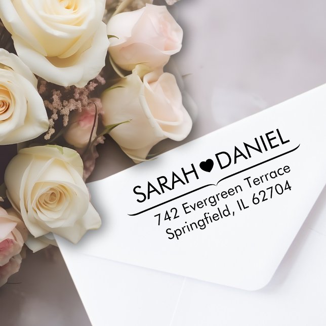 Minimal Heart Line Custom Name & Address Wedding  Permastempel (Sarah & Daniel Roses)