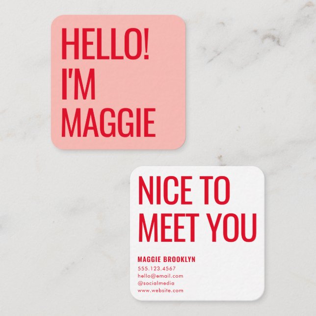Minimal Hello | Modern Clean Simple Name Red Pink Quadratische Visitenkarte (Vorne/Hinten)