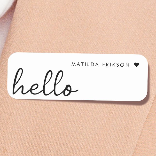 Minimal Hello | Modernes Herz sauber, einfach weiß Namensschild (Von Creator hochgeladen)
