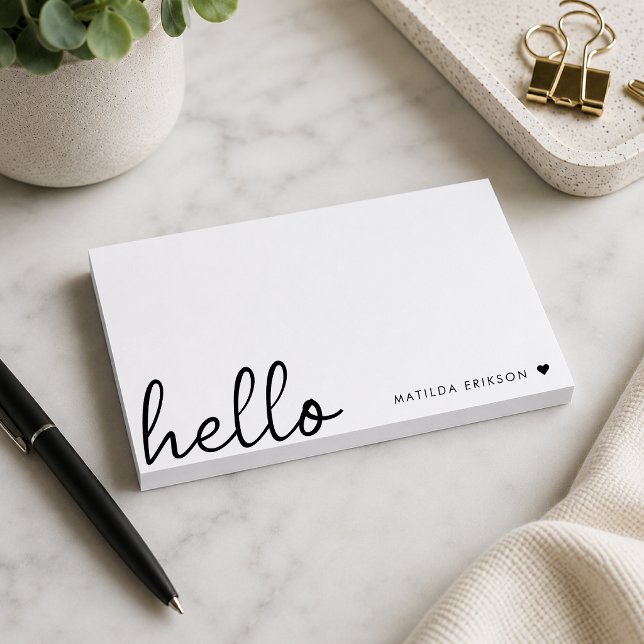 Minimal Hello | Modernes Herz sauber, einfach weiß Post-it Klebezettel (Personalized hello Post-it Notes with custom name for desks, planners, and everyday lists.)