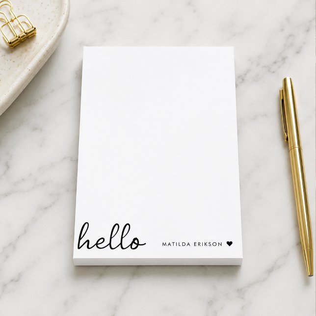 Minimal Hello | Modernes Herz sauber, einfach weiß Post-it Klebezettel (Personalized 4x6 Post it Notes with custom name design for reminders and lists)