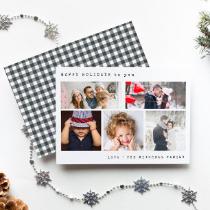 Minimal Holiday Foto Collage   Black Gingham Feiertagskarte