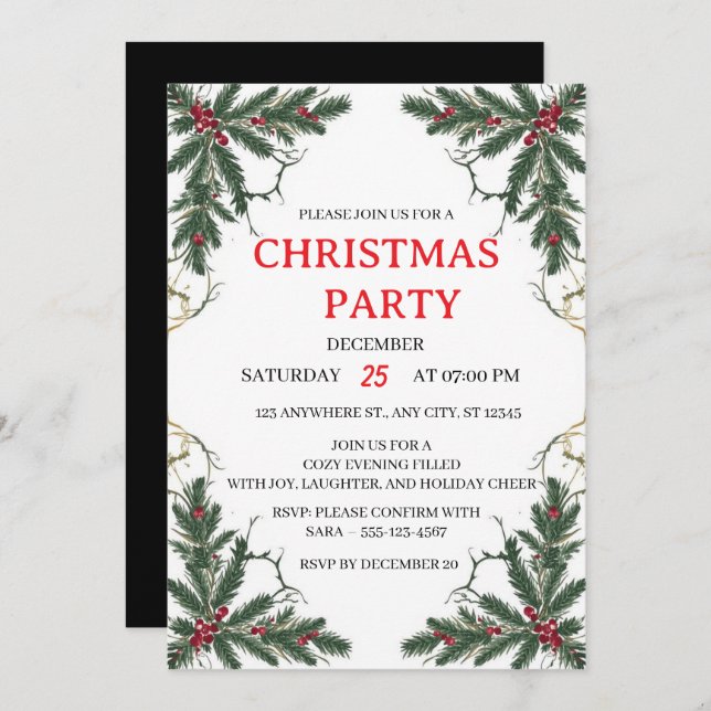 Minimal Holiday Greenery Party Invitation Einladung (Vorne/Hinten)