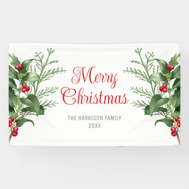 Minimal Holly Berries Branch Frohe Weihnachten Banner (Horizontal)
