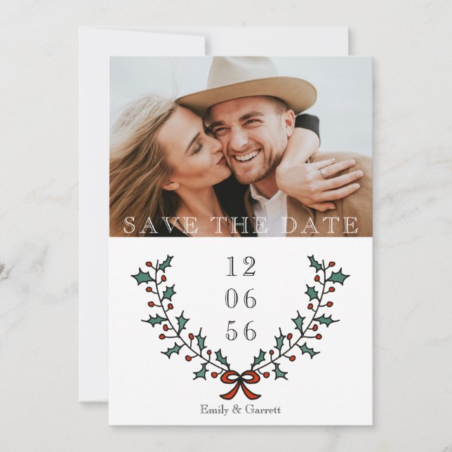 Minimal Holly Berry Holiday Foto Weihnachten Save The Date (Vorderseite)