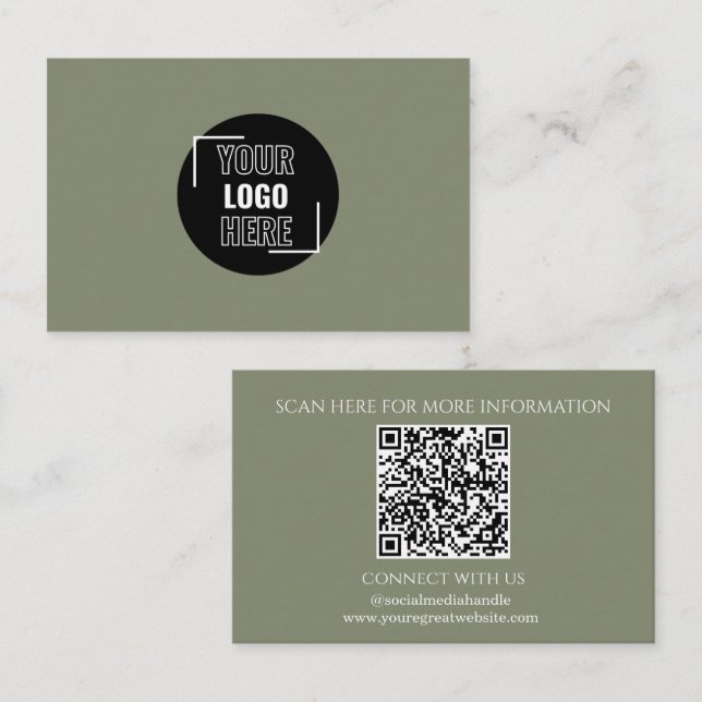 Minimal Ihr Logo hier Sage Green QR Code Visitenkarte (Vorne/Hinten)