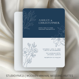 Minimal Indigo Blue Foliage Kontur Hochzeit Einladung
