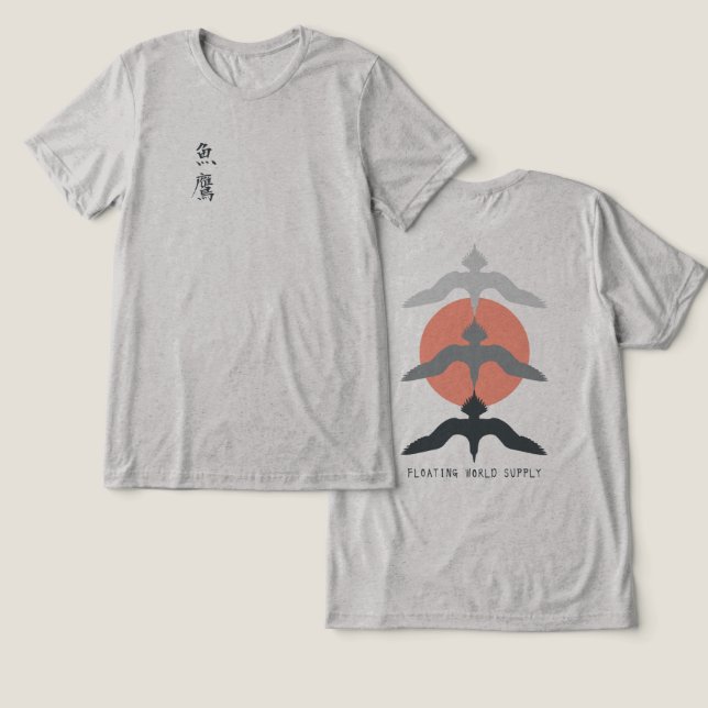 Minimal Japanese Fish Hawk Ukiyo-e Style Gray Tri-Blend Shirt (Design Vorderseite & Rückseite)
