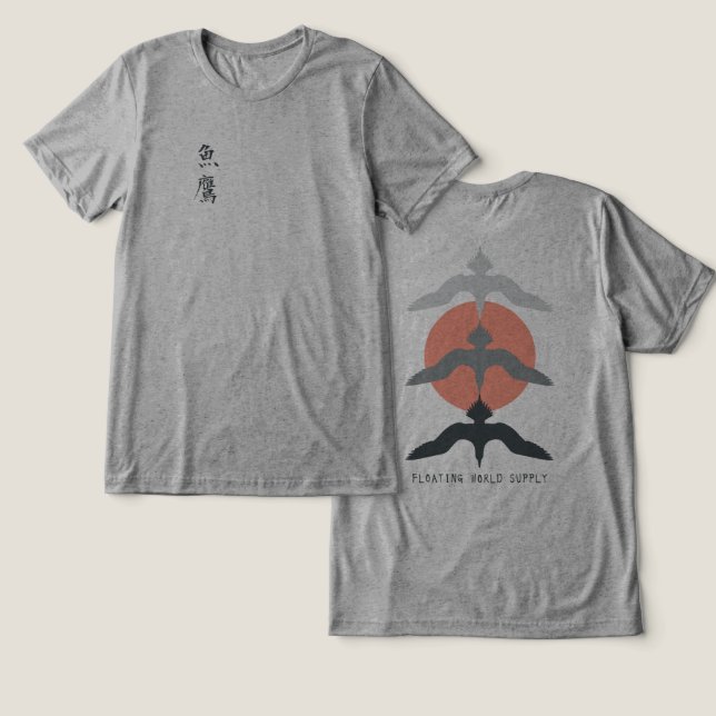 Minimal Japanese Fish Hawk Ukiyo-e Style Gray Tri-Blend Shirt (Design Vorderseite & Rückseite)