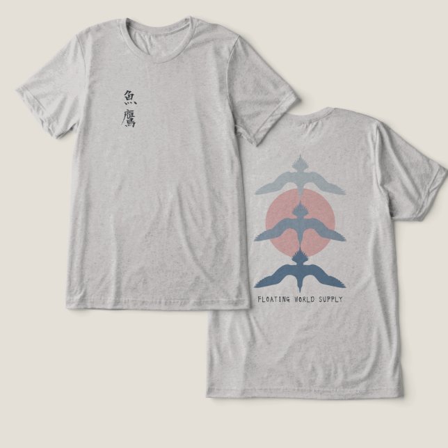 Minimal Japanese Fish Hawk Ukiyo-e Style Gray Tri-Blend Shirt (Design Vorderseite & Rückseite)