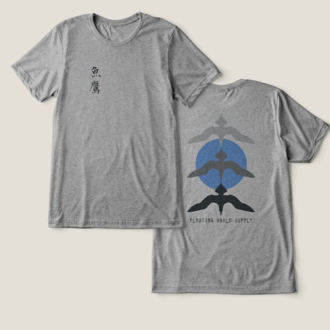 Minimal Japanese Fish Hawk Ukiyo-e Style Gray Tri-Blend Shirt (Design Vorderseite & Rückseite)