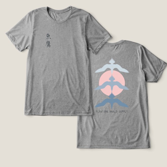 Minimal Japanese Fish Hawk Ukiyo-e Style Gray Tri-Blend Shirt (Design Vorderseite & Rückseite)