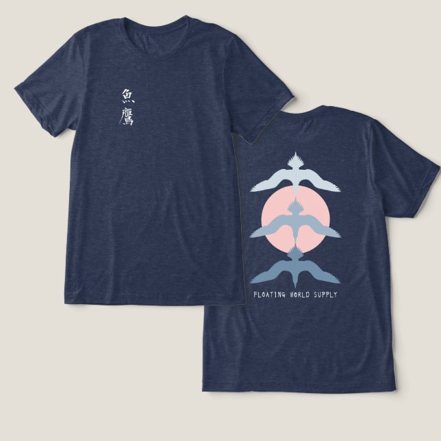 Minimal Japanese Fish Hawk Ukiyo-e Style Navy Tri-Blend Shirt (Design Vorderseite & Rückseite)